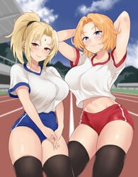 2girls aged_down arms_behind_back arms_behind_head arms_up beauty_mark big_breasts black_legwear bleach blonde_hair blue_eyes blush bob_cut booty_shorts breasts brown_eyes clothed clothed_female clothing crop_top crossover curvaceous curvy curvy_figure cute female female_focus female_only forehead_jewel forehead_mark fully_clothed genmon ginger_hair gym_clothes gym_shorts gym_uniform hourglass_figure large_breasts legwear lips lipstick looking_at_viewer matsumoto_rangiku medium_hair multiple_girls naruto naruto_(classic) naruto_(series) naruto_shippuden nose_blush orange_hair outdoors outside pale-skinned_female pale_skin perky_breasts pink_lips pink_lipstick pinup ponytail pose posing school_uniform schoolgirl short_shorts shorts shoulder_length_hair shounen_jump smile smiling sportswear standing t-shirt teenager thick_thighs thighhighs thighs thunder_thighs tied_hair tight_clothing track_and_field tsunade voluptuous wide_hips young_tsunade