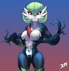 breasts breasts_out crossover dotted_background gardevoir gradient_background justdream looking_at_viewer marvel marvel_comics pokémon_(species) pokemon pokemon_(species) she-venom solo_female symbiote tagme tira torn_clothes venom