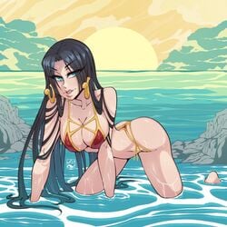 1girls atomicmarshmallow bikini black_hair blue_eyes boa_hancock earrings female female_only looking_at_viewer ocean one_piece partially_submerged seaside seductive_look seductive_pose snake_earrings solo solo_female submerged_limbs sunset wet