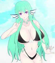 bikini breasts cleavage estherelaitea female finana_ryugu green_hair head_fins highres large_breasts mermaid monster_girl navel nijisanji nijisanji_en purple_eyes sky solo swimsuit virtual_youtuber