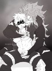 2boys alternate_hairstyle arm_around_neck cellphone clothes clothing cum eijirou_kirishima gay genital_fluids genitals hand_on_penis handjob hero_outfit_(mha) holding_cellphone katsuki_bakugou male male/male male_only mask masked masked_male my_hero_academia penis penis_grab phone shirt_lift spicyheroic spiky_hair yaoi