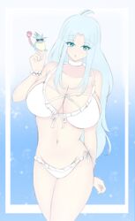 aqua_hair bare_shoulders blue_eyes breasts cleavage collar estherelaitea female golden_sun highres large_breasts long_hair mia_(golden_sun) navel scrunchie solo swimsuit white_swimsuit