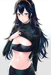 1girls ameno_(a_meno0) bad_censor blue_bra blue_eyes blue_hair blue_pants blue_shirt breasts censored clothes_lift covering_breasts female fire_emblem fire_emblem_awakening hair_between_eyes hand_on_own_chest lifted_by_self long_hair long_sleeves looking_at_viewer looking_down lucina_(fire_emblem) midriff navel nintendo pants pantyhose presenting presenting_breasts shirt shirt_lift small_breasts solo symbol-shaped_pupils tiara underwear white_background