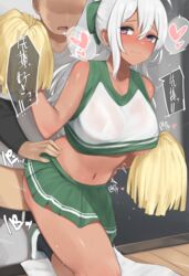 1boy 1girls bangs bare_shoulders baseball_uniform blush borrowed_character breasts cheerleader closed_mouth clothes_pull crop_top dark-skinned_female dark_skin female green_shirt green_skirt hair_between_eyes heart hetero highres holding holding_pom_poms large_breasts long_hair looking_back midriff miniskirt navel no_bra nose_blush on_one_knee one_knee original original_character pants pants_pull pleated_skirt pom_pom_(cheerleading) pom_poms ponytail purple_eyes sex sex_from_behind shirt shoes skirt sleeveless sleeveless_shirt smile speed_lines sportswear standing standing_sex straight sweat thighs torso_grab towel underboob uniform uwabaki very_long_hair wavy_mouth white_hair zijou