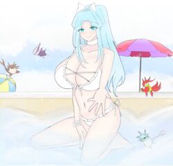 aqua_hair bare_shoulders blue_eyes breasts cleavage cloud collar estherelaitea extended_arm female golden_sun highres large_breasts long_hair mia_(golden_sun) navel scrunchie sky solo summer swimsuit umbrella water wet white_swimsuit