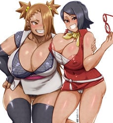 2girls akimichi_chouchou areola_slip big_areola big_breasts big_nipples black_hair boruto:_naruto_next_generations breasts bubble_butt butt_from_the_front chubby chubby_female erect_nipples eye_contact female female_only glasses gloves huge_areolae huge_breasts huge_nipples konakona large_breasts looking_at_viewer naruto naruto_(series) nipple_bulge nipples sarada_uchiha see-through see-through_clothing short_hair shounen_jump thick_thighs thighhighs thighs wide_hips