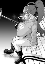 1girls bench blush breasts embarrassed huge_breasts long_hair mask phone ponytail pussy_juice selfie selfie_stick sitting sweat sweating taneshima_popura thighs trenchcoat working!! yuumano_yuuki