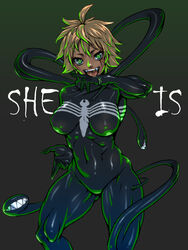 1girls blonde_hair chou_denji_mayuge female female_focus green_eyes light-skinned_female light_skin living_clothes living_suit marvel she-venom skin_tight spider-man_(series) symbiote tagme tongue tongue_out venom_(marvel)