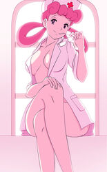 1girls 2021 breasts hair_rings inner_sideboob labcoat looking_at_viewer naked_labcoat nude nude_female nurse_cap nurse_joy pink_eyes pink_hair pokemon solo solo_female tagme twintails vivivoovoo