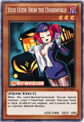 breasts card condom english_text female formal_wear hat looking_at_viewer red_eyes red_hair reit short_hair shounen_jump tagme tcg topless tour_guide_from_the_underworld trading_card train undressing yu-gi-oh! yu-gi-oh!_card