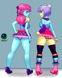 2girls ass breasts commission duo equestria_girls female females_only friendship_is_magic hasbro hi_res high_heels highres joizer joruze kiwi_lollipop_(eg) legs looking_back miniskirt my_little_pony panties postcrush shimapan sideboob skirt stockings striped_panties supernova_zap_(eg) thighs underwear upskirt