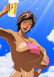 1girls alcohol alcoholic areola_slip areolae bakunyuu bare_shoulders beer beer_mug bikini bikini_top blue_sky blush breasts brown_hair bursting_breasts cleavage closed_eyes cloud cloudy_sky collarbone covered_erect_nipples cup day drinking_glass drunk erect_nipples erect_nipples_under_bikini erect_nipples_under_swimsuit excited female female_focus hand_on_hip happy high_resolution highres holding holding_beer holding_drinking_glass huge_areolae huge_breasts huge_nipples intoxicated jewelry makeup masane_amaha micro_bikini micro_bikini_top micro_bra milf mug narrow_waist navel nipples nose_blush open_mouth outdoors pink_bikini pink_swimsuit puffy_areolae puffy_nipples ring shiny shiny_hair shiny_skin short_hair sky smile solo spill_on_breasts spilling sun sunlight swimsuit tan tan_skin tatsunami_youtoku underboob upper_body witchblade