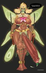 1futa abs areolae balls big_breasts big_lips blonde_hair breasts clothed clothing dark-skinned_futa dark_skin erection fairy_wings futa_only futanari glowing_markings green_lipstick growth hairy_balls huge_balls huge_cock humanoid humanoid_penis hyper hyper_penis intersex large_breasts mostly_nude muscles muscular muscular_futa nipples penis penis_expansion penis_growth penis_piercing piercing pubic_hair sequence solo speech_bubble standing streachybear tattoo testicles text veil wings