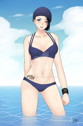 1girls beach big_breasts bikini bikini_top black_hair blue_background blue_eyes breasts cloud dbd dead_by_daylight female female_focus female_only gantsuki headwear looking_at_viewer nea_karlsson ocean oppai panties seaside short_hair solo solo_female solo_focus swimsuit tattoo tongue tongue_out water white_skin