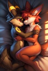 ai_generated anthro black_fur cuddling damnblackfox fluffy fluffy_tail fox furry furry_only holding_partner looking_at_another looking_at_partner lying lying_on_bed male male/male orange_fur pokemon pokemon_(species) red_eyes stable_diffusion umbreon