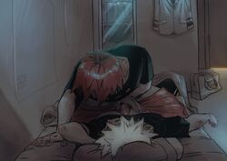 2boys asleep bed bedroom blonde_hair clothing dubious_consent eijirou_kirishima explicitly_stated_dubcon gay hand_on_penis katsuki_bakugou lying_down lying_on_back lying_on_bed male male/male male_only my_hero_academia pecjob penis penis_between_pecs penis_grab penis_on_chest pillow questionable_consent red_hair sitting sitting_on_person sleeping somnophilia spiky_hair syblatortue yaoi