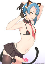 1boy balls big_penis cat_ears censored eye_contact fake_animal_ears femboy genshin_impact girly gloves heart_censor looking_at_viewer male male_only micro_bikini miniskirt nebaneba penis short_hair solo standing tail testicles thighhighs thighs thong white_background xingqiu_(genshin_impact)