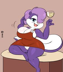 2020 3_toes 4_fingers anthro beverage big_breasts black_clothing black_underwear blue_sclera bottomless breasts cheek_tuft cleavage clothed clothing digital_media_(artwork) dress facial_tuft feet female female_only fifi_la_fume fingers fur furry furry_only genitals glass hair hair_over_eye hi_res holding_glass holding_object joaoppereiraus looking_at_viewer mammal mephitid multicolored_body multicolored_fur one_eye_obstructed open_mouth partially_clothed pink_nose purple_body purple_fur purple_hair pussy red_clothing red_dress signature skunk solo solo_female speech_bubble tail talking_to_viewer thick_thighs tiny_toon_adventures toes topwear translated tuft warner_brothers white_body white_fur wide_hips