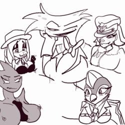 angel_dust_(hazbin_hotel) animated anthro avian bird black_and_white boobjob broodal bunny canine demon embarrassed hariet_(mario) hazbin_hotel human human_on_anthro looking_at_viewer looking_pleasured lucia_(satina) mario_(series) multiple_girls nintendo outercourse paizuri paizuri_under_clothes pov rabbit satina smooth_skin super_mario_odyssey thrusting