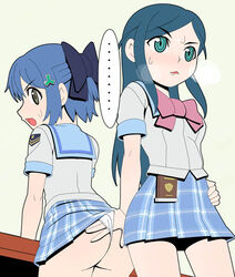 ass blush breath caryo etoh_mei etou_mei female gakuen_utopia_manabi_straight gakuen_utopia_manabi_straight! hand_on_hip inamori_mika lowres manabi_straight mei_etoh mika_inamori multiple_girls nanashino plaid plaid_skirt saliva skirt sweat tartan yuri