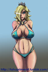 1girls arms_behind_back bikini blonde_hair blue_bikini blue_eyes blush breasts cleavage crown female female_only hair hair_over_one_eye huge_breasts human long_hair mario_(series) navel nintendo nipples pasties pose princess_rosalina shiny shiny_skin simple_background solo standing tahuprime text