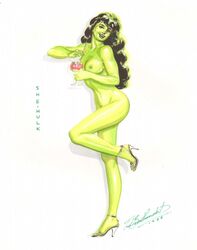 1980s 1988 1girls areola artist_name artist_signature avengers big_breasts breasts bushy_hair dated drink female female_only green_eyes green_hair green_skin hair happy heels heels_only high_heels holding_drink holding_object hulk_(series) leg_up long_hair marvel marvel_comics mostly_nude naked naked_female naked_footwear navel nipples nudity open_mouth partially_clothed pinup_pose shadow she-hulk side_view signature simple_background smile solo standing standing_on_one_leg straw ted_boonthanakit uncensored white_background