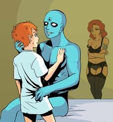 bed bored cash clothed clothed_female clothing dc_comics doctor_manhattan garter_belt gay ginger male/male money nude nude_male prostitution redhead rorschach sitting sitting_on_bed sylvia_kovacs tagme thighhighs underwear walter_kovacs watching watchmen