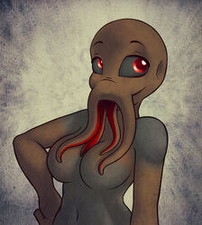 anthro bloodsucker breasts brown_skin bust_portrait female female_only front_view grey_skin hand_on_hip huge_eyes looking_at_viewer monster_girl mutant nightmare_waifu nude red_eyes s.t.a.l.k.e.r. tagme tentacle