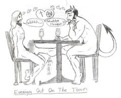 artist_signature barbed_tail beard censored deity devil erection facial_hair footjob hearts horns jesus_christ long_hair male male_only moustache multiple_males nude pointless_censoring pubes pubic_hair public_domain religion satan sitting_on_chair table tagme wine_glass yaoi