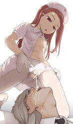 :o breasts brown_eyes brown_hair censored drinking_pee female femdom gloves golden_shower hat highres idolmaster looking_down minase_iori mouth_pee navel nipples no_shoes nurse nurse_cap open_clothes open_mouth open_shirt panties panties_aside panties_under_pantyhose pantyhose pee_drink peeing peeing_in_mouth silver_hair tongue torn_pantyhose ttomm underwear white_background white_legwear