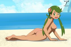 1girls arekusanderu beach female female_only green_hair mallow_(pokemon) pokemon pokemon_sm public_nudity solo uncensored