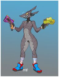 2021 5_fingers android anthro black_pussy bodily_fluids casual clothing exposed_torso eyelashes female fingerless_gloves fingers firearm flat_chested flying_sweatdrops footwear full-length_portrait genitals gloves grey_body gun handgun handwear hi_res holding_object holding_weapon machine mostly_nude open_mouth open_smile portrait pupils pussy ranged_weapon robot robotjoe sharp_teeth shoes slit_pupils smile socks solo standing sweat sweatdrop taped_pussy teeth veka_sendenhorst weapon yellow_eyes yellow_sclera