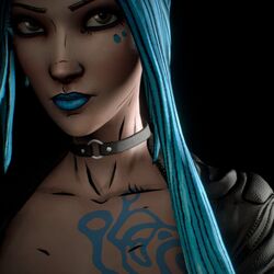 3d aurality black_background blue_eyes blue_hair blue_lipstick borderlands borderlands_3 choker female human jacket lipstick long_hair looking_at_viewer markings maya_(borderlands) solo source_filmmaker tattoo