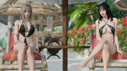 2girls 3d 4k aranea_highwind black_hair black_swimsuit dark_hair female_only final_fantasy final_fantasy_xv gentiana grey_hair hime_cut lazyprocrastinator light_hair looking_at_viewer pale-skinned_female pawg square_enix swimsuit