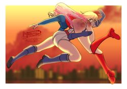 2girls dc dc_comics female female_only kara_zor-el karen_starr kukukumisao lewdmisao multiple_girls power_girl spanking supergirl superheroine superman_(series) wedgie wedgie_spanking