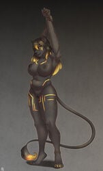 absurd_res anthro anthro_only black_body black_fur black_nipples body_art felid feline female fur gold_markings gotikamaamakitog hi_res lion looking_at_viewer mammal markings nipple_piercing nipples pantherine piercing sochi_(character) solo standing stretching thick_thighs yellow_eyes