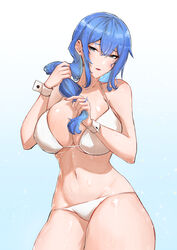 1girls 2021 alternate_version_available bikini bikini_bottom bikini_top blue_hair blush breasts chopark cleavage covered_nipples covered_pussy dp-12_(girls'_frontline) female female_focus female_only girls'_frontline gradient_background holding_hair large_breasts looking_at_viewer open_mouth shiny_skin simple_background solo solo_focus wet wet_hair white_bikini white_bikini_bottom white_bikini_top white_wrist_cuffs wrist_cuffs