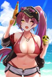 1girls absurdres baseball_cap bikini bikini_under_clothes breasts eyewear_on_head female female_focus female_only hat heterochromia high_ponytail highres hololive hololive_fantasy hololive_japan hood hooded_jacket houshou_marine jacket jacket_off_shoulders large_breasts oerba_yun_fang open_mouth pipin_try red_bikini red_eyes red_hair short_shorts shorts solo solo_female solo_focus sunglasses sunglasses_on_head swimsuit virtual_youtuber white_shorts yellow_eyes