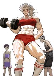 1boy 2girls big_breasts clothed clothing dorohedoro ebisu_(dorohedoro) female female_focus fujita fully_clothed human light-skinned_female light-skinned_male light_skin male muscle_awe muscular muscular_female noi_(dorohedoro) ongjolpark pale_skin park_ongjol solo_focus standing tagme weightlifting weights