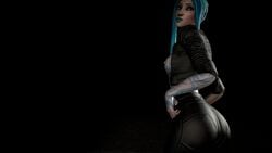 3d aurality blue_hair blue_lipstick borderlands borderlands_3 female huge_ass human jacket lipstick long_hair looking_at_viewer looking_back markings maya_(borderlands) solo source_filmmaker tattoo tight_clothing