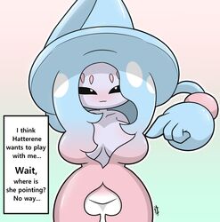 anthro big_breasts breasts featureless_crotch female hatterene nintendo pokémon_(species) pokemon pokemon_(species) text_box tonytoran video_games wide_hips