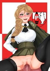 1boy 1girls aikiyun black_gloves blonde_hair bonple_high_school_school_uniform braid breasts cape corset cowgirl_position european eyeshadow girls_und_panzer gloves green_eyes hand_on_hip jajka_(girls_und_panzer) looking_at_viewer looking_down pale-skinned_female pale_skin pleated_skirt polish pov school_uniform tagme thighhighs tie vaginal_penetration vaginal_sex white_shirt