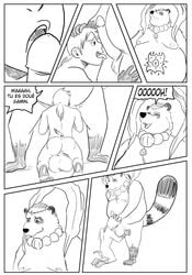 anthro asian_clothing asian_mythology balls belly big_balls black_and_white canid canine clothing comic duo east_asian_clothing east_asian_mythology erection fellatio french_text genitals hair hi_res holding_arm holding_chin holding_penis human human_to_anthro interspecies japanese_clothing japanese_mythology jewelry kneeling licking male male/male mammal markings monochrome moobs mostly_nude muskie mythology necklace nipples nude oral overweight overweight_anthro penile penis penis_lick ponytail raccoon_dog sex smile species_transformation standing striped_tail stripes tanuki text tolok tongue tongue_out transformation translation_request