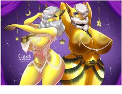 2girls anthro anthro_only armpits arms_above_head arms_behind_head arms_up back_to_back belly_dancer belly_dancing big_breasts blue_eyes breasts clothing duo ear_piercing feet_out_of_frame female female_hypno flesh_tunnel furry furry_only gauged_ear hands_up harem_outfit hi_res huge_breasts humanoid humanoid_genitalia humanoid_hands hypno lingerie mature mature_anthro mature_female mature_woman mayo1nomor1 nintendo nipple_chain nipple_piercing nipples piercing pokémorph pokemon pokemon_(species) the_lost_artist thick_thighs video_games voluptuous wide_hips zacianswords