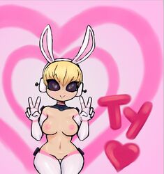 1girls android black_eyes blonde_hair buffy-sugo bunny bunny_ears bunny_girl commission cute heart-shaped_pupils nebssik neon_trim peace_sign robot robot_girl rocket_league thank_you