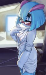 1girls anthro blue_hair clothed clothing dr._voir female flashing gardevoir glasses kirlia nipples pokémon_(species) pokemon pokemon_(species) red_eyes shiny_pokemon small_breasts solo sweat sweatdrop white_body white_skin yunosu_ishii