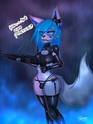 1futa 3:4 absurd_res anthro arctic_fox breasts bulge canid canine clothed clothing dialogue fox furry futa_only futanari gamermac gloves gun handwear hi_res intersex latex legwear mammal military panties partially_clothed raechel_jagger ranged_weapon rubber shell_(projectile) shotgun shotgun_shell shoulder_pads solo standing text thick_thighs thigh_highs thighhighs underwear weapon wet wide_hips