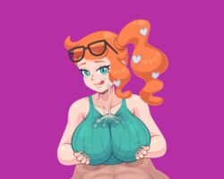 boobjob breasts cum cum_through_clothes cum_through_clothing cumshot female game_freak glasses glasses_on_head green_nails human licking licking_lips light-skinned_female light_skin male nails nintendo orange_hair outercourse paizuri paizuri_under_clothes pale-skinned_female pale_skin penis pokemon pokemon_ss pov purplehorn_(artist) side_ponytail sonia_(pokemon) tan-skinned_male