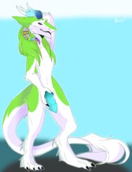 anthro blue_flesh claws digitigrade fur genitals green_body green_fur hand_behind_head hand_on_penis heterochromia hi_res horn lex_vasili looking_at_viewer male penis sergal simple_background solo unknown_artist