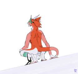 anthro ass avie aviesergal backsack ball_tuft balls biped clothing crouching digital_media_(artwork) ear_piercing ear_ring fur genitals green_body green_fur hi_res male multicolored_body multicolored_fur orange_body orange_fur piercing presenting_balls saggy_balls sergal simple_background skinny solo tuft underwear undressing white_background white_body white_fur